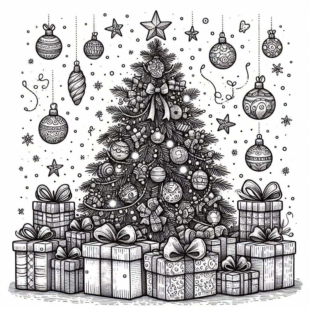 christmas tree with presents under it line art